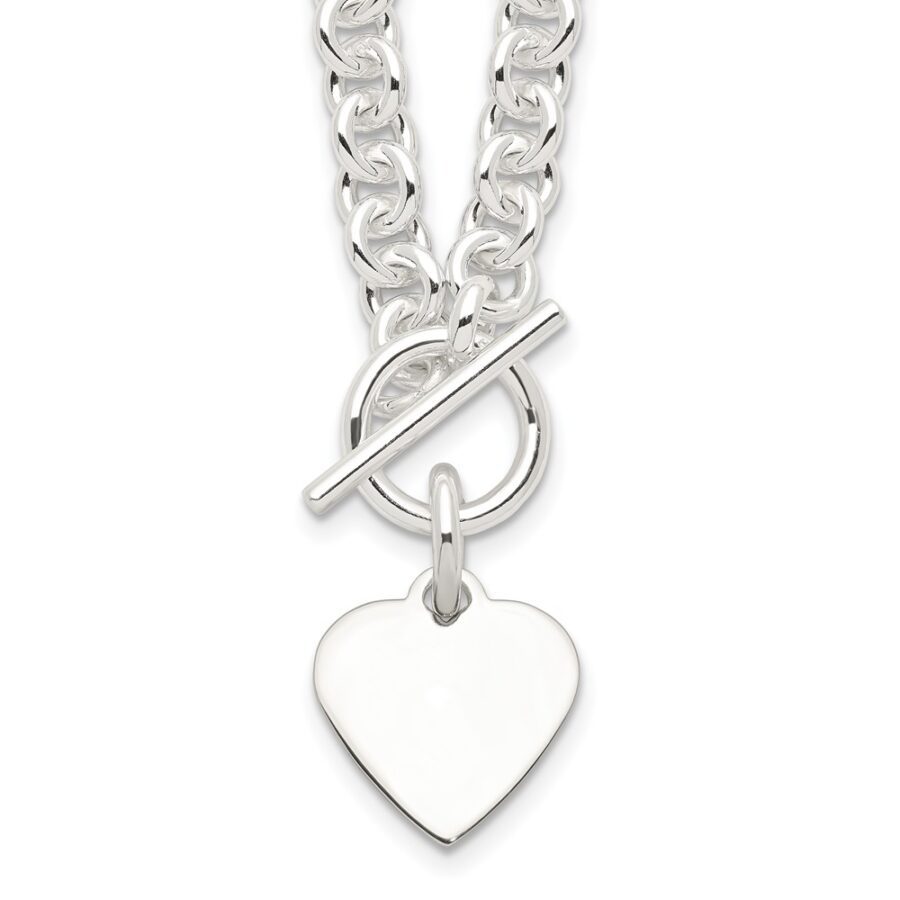 Sterling Silver Heart Disc on Fancy Link Toggle Necklace