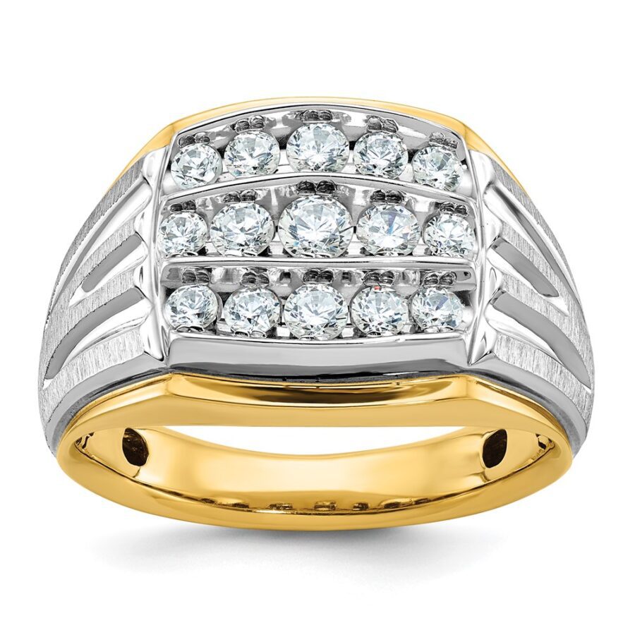 14ktt IBGoodman Men's Polished Satin & Grooved 3-Row Diamond Ring