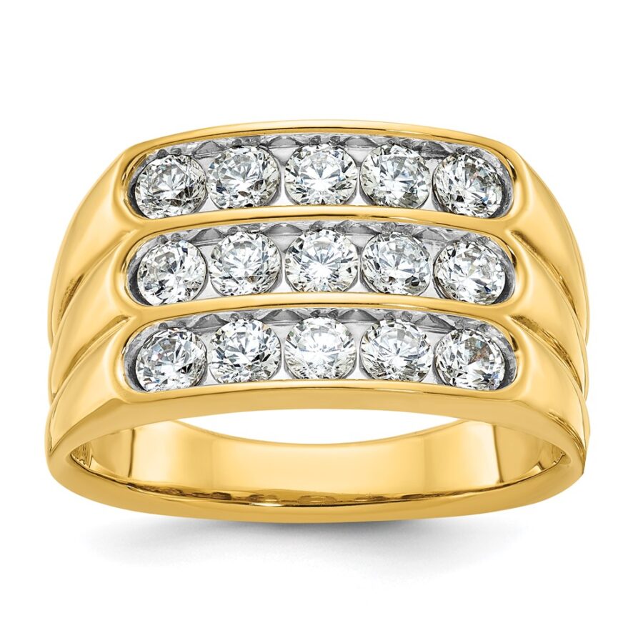 14k IBGoodman Men's Polished and Grooved 3-Row Lab Grown Dia Ring