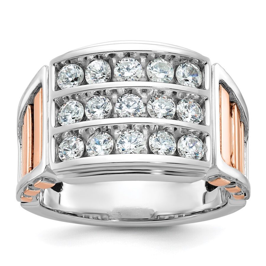 14kwr IBGoodman Men's Polished & Cut-Out 3-Row Lab Grown Dia Ring