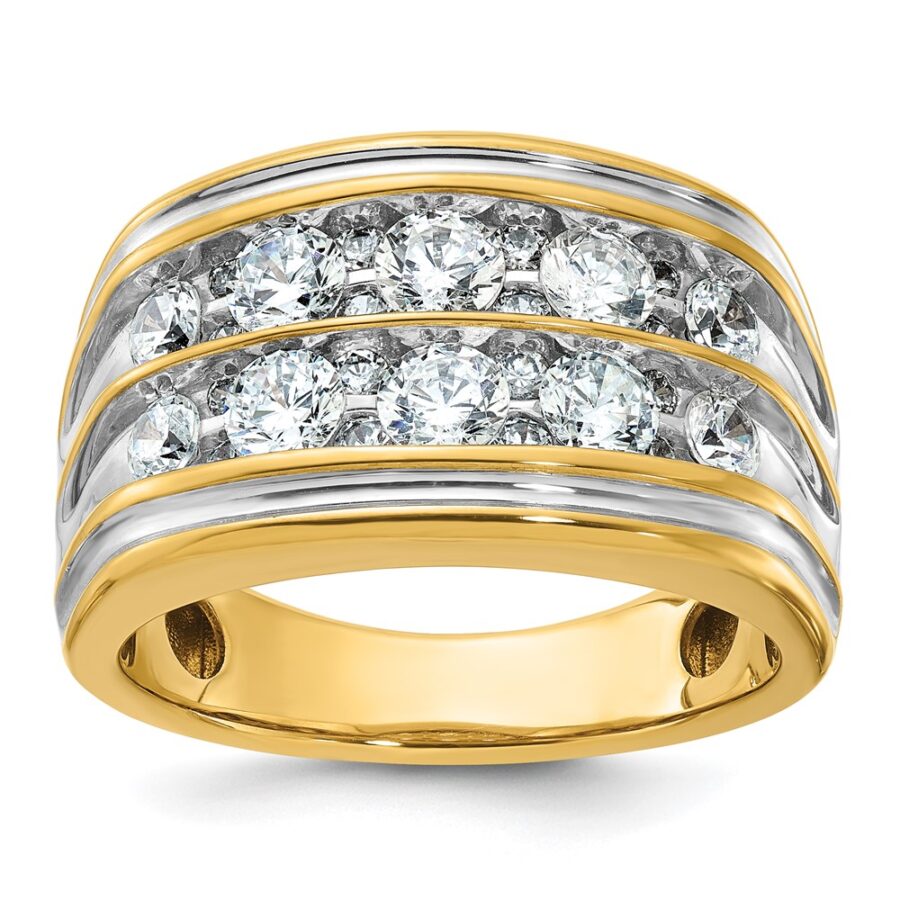 14k w/ White RH IBGoodman Men's Polish/Grooved 2-Row Dia Ring