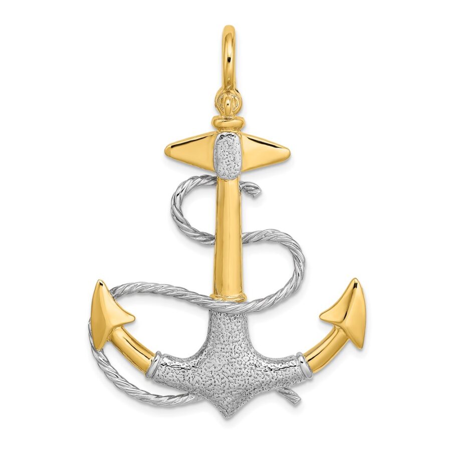 14Kw/Rhodium 3-D Anchor w/White Rope Shackle Bail Charm