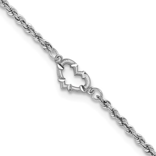 14k White Gold Diamond-cut Open Heart and Rope Chain 9 inch Anklet
