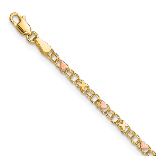 14k Polished and Satin Rose-plated X-and-Heart 10 inch Anklet
