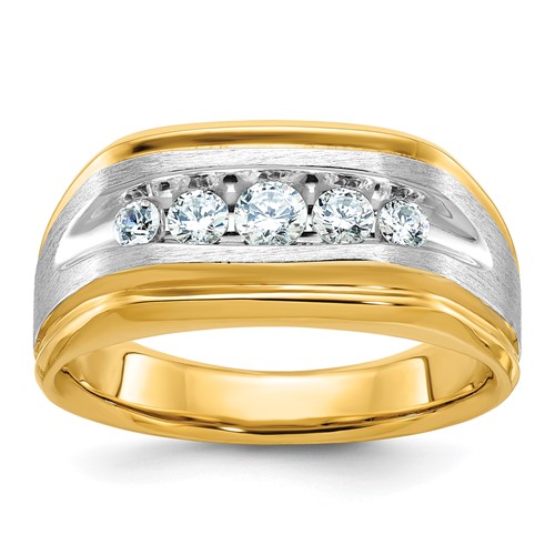 IBGoodman 14k Two-tone Men's Polished Satin and Grooved 5-Stone 1/2 Carat AA Quality Diamond Ring
