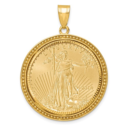 Wideband Distinguished Coin Jewelry 14ky Beaded & Diamond-cut Prong Mounted 1/2oz American Eagle Coin Bezel Pendant