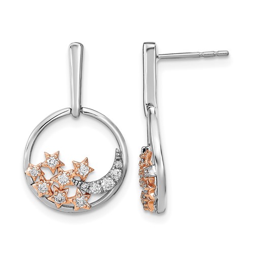 14k Two-tone Moon and Stars Circle Diamond Post Earrings