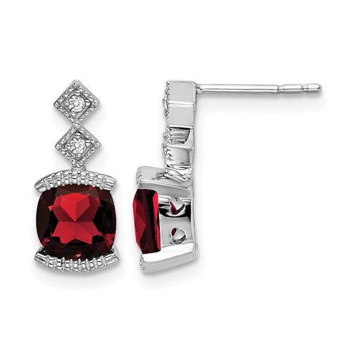14k White Gold 6mm Cushion Garnet and .04 carat Diamond Post Earrings