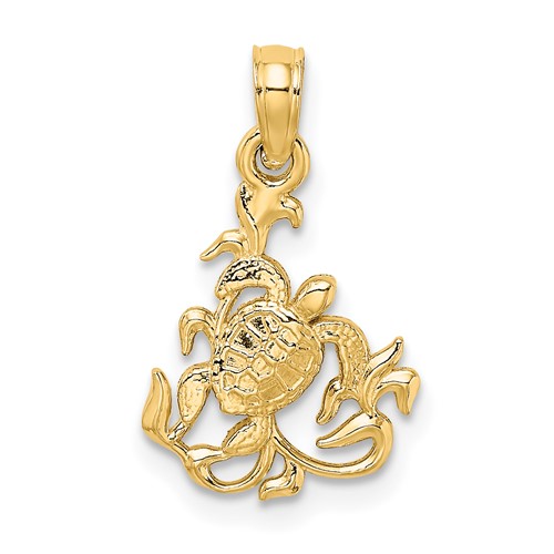 14K Textured Mini Sea Turtle and Kelp Charm