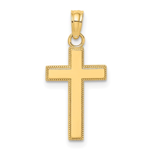 14K Polished Block Style Beaded Edge Cross Charm