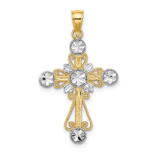 14K W/ Rhodium D/C Flower Design Cross Charm