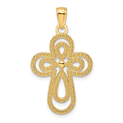 14K Polished & Textured Teardrops Cross Pendant