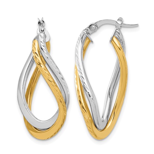 14K with Rhodium Polished and Diamond-cut Twist Hoop Earrings