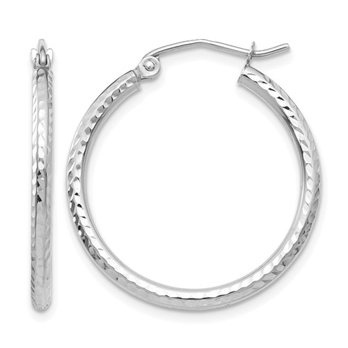 14k White Gold Diamond-cut 2mm Round Tube Hoop Earrings