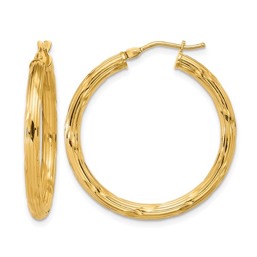 14K Polished and Grooved Round Hoop Earrings