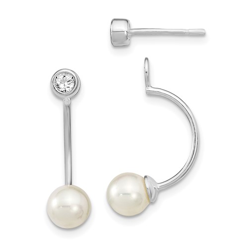 Sterling Silver Rhodium-plated CZ FWC Pearl Front/Back Post Dangle Earrings