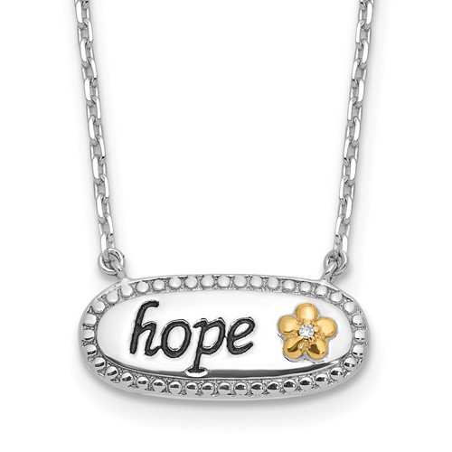Sterling Silver w/14k accent Rh-plated CZ Enamel HOPE w/2in ext Necklace