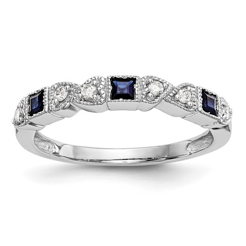 14k White Gold Heart Design 1/10 carat Diamond and Blue Sapphire Complete Band