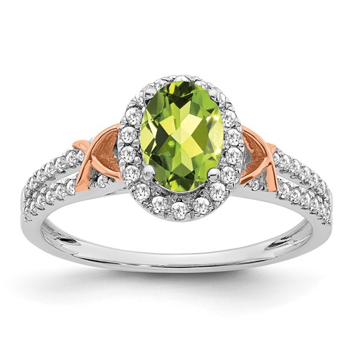 14k White Gold w/RG Accent Peridot and Diamond Halo Ring