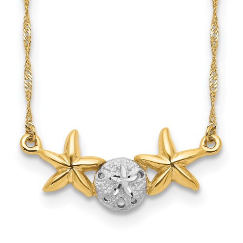 14K with White Rhodium Brushed and Polished Sand Dollar and Starfish 18 inch Necklace