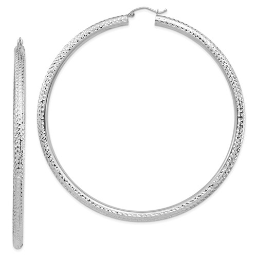 14k White Gold 4x80mm Diamond-cut Lightweight Round Tube Hoop Earrings