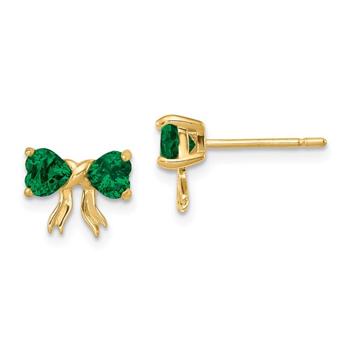 14k Gold Polished Created Emerald Bow Post Earrings