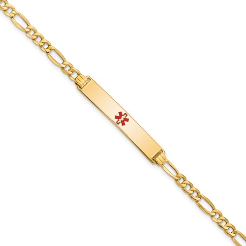 14K Medical Semi-Solid Chain/Solid Plate 34x6mm Centered Red Enamel Figaro Link 8 inch ID Bracelet