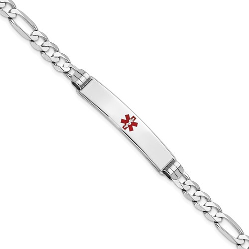 14K White Gold Medical Solid Chain/Solid Plate 37x7mm Centered Red Enamel Figaro Link 8 inch ID Bracelet