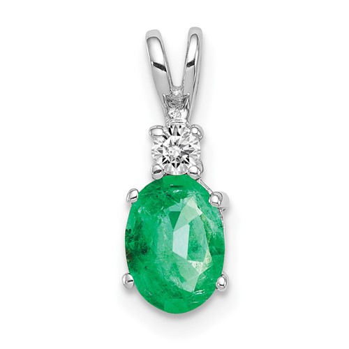 14k White Gold 7x5mm Oval Emerald and A Diamond Pendant