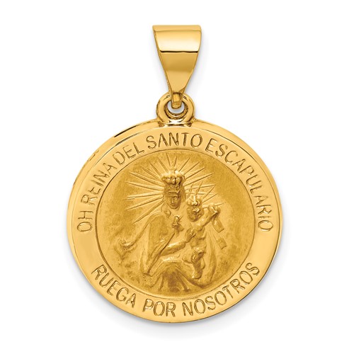 14K Polished and Satin Hollow Spanish Oh Reina Del Santo Escapulario Medal Reversible Round Pendant