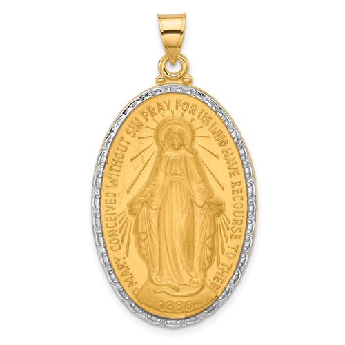 14K and White Rhodium Polished and Satin Solid Large Miraculous Medal Oval Pendant