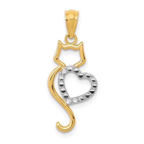 14k and White Rhodium Polished Cat with Heart Pendant